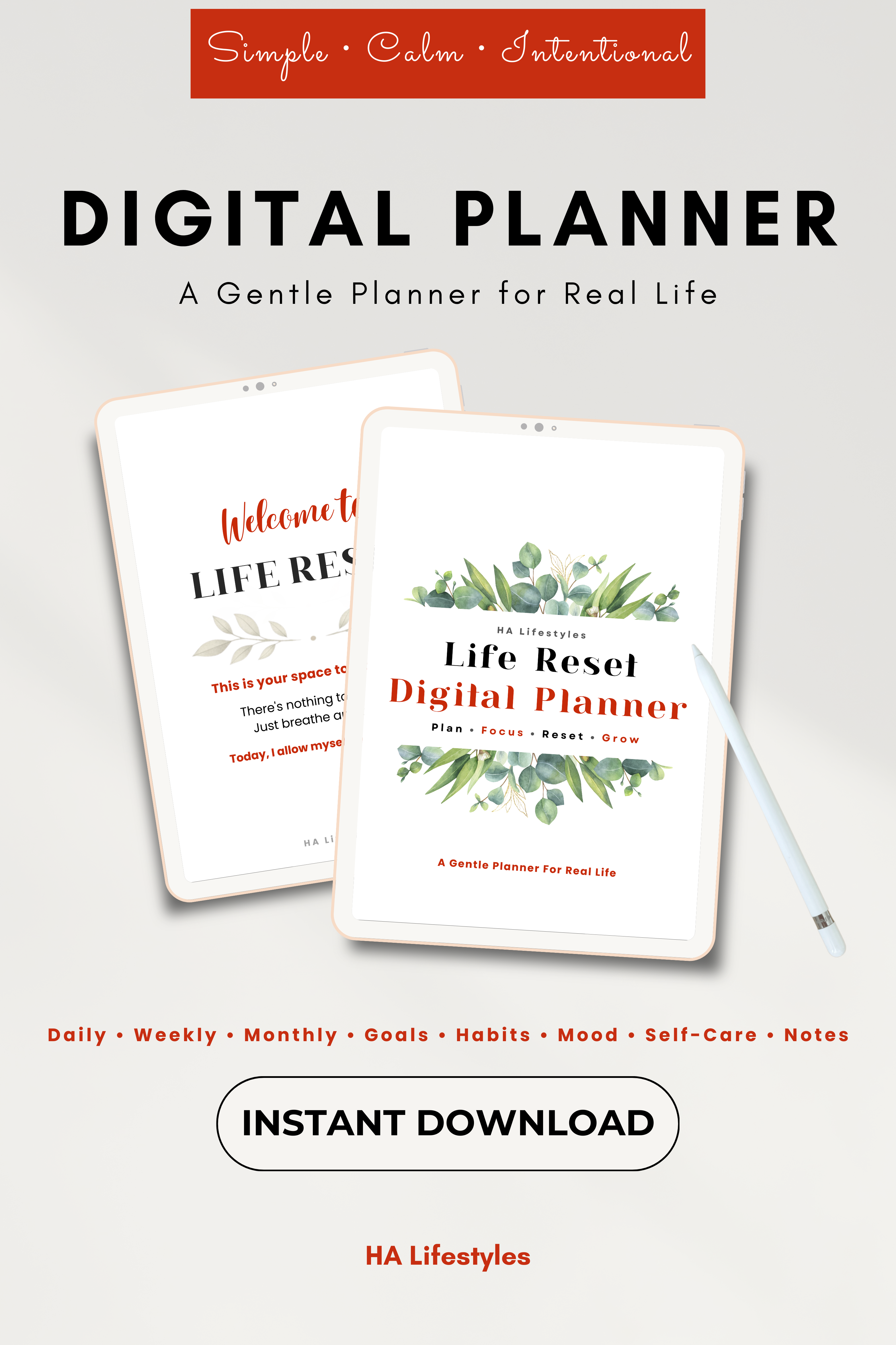 Life Reset Digital Planner | Simple, Calm & Intentional (Instant Download)